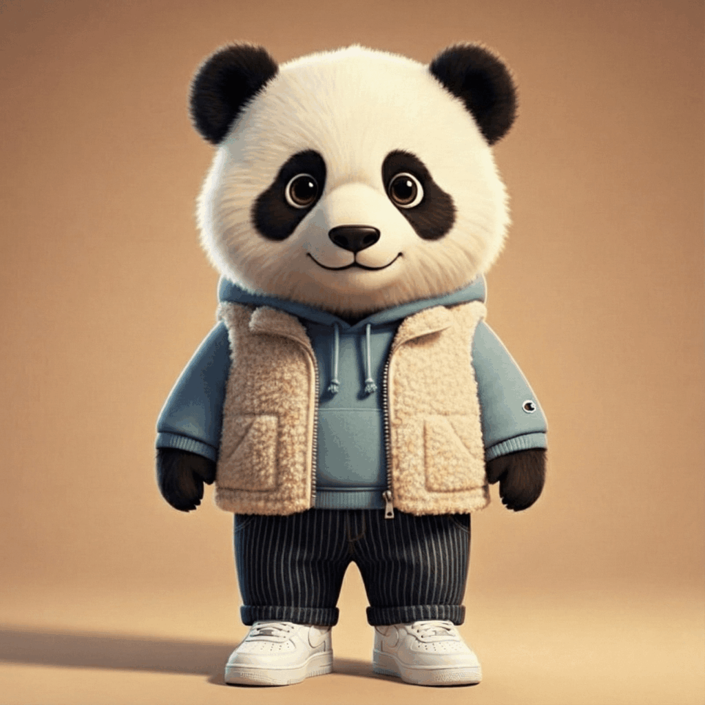 リバースウィーブのパーカーとボアベストを着たパンダのイラスト。アメカジ冬コーデの雰囲気を表した画像。