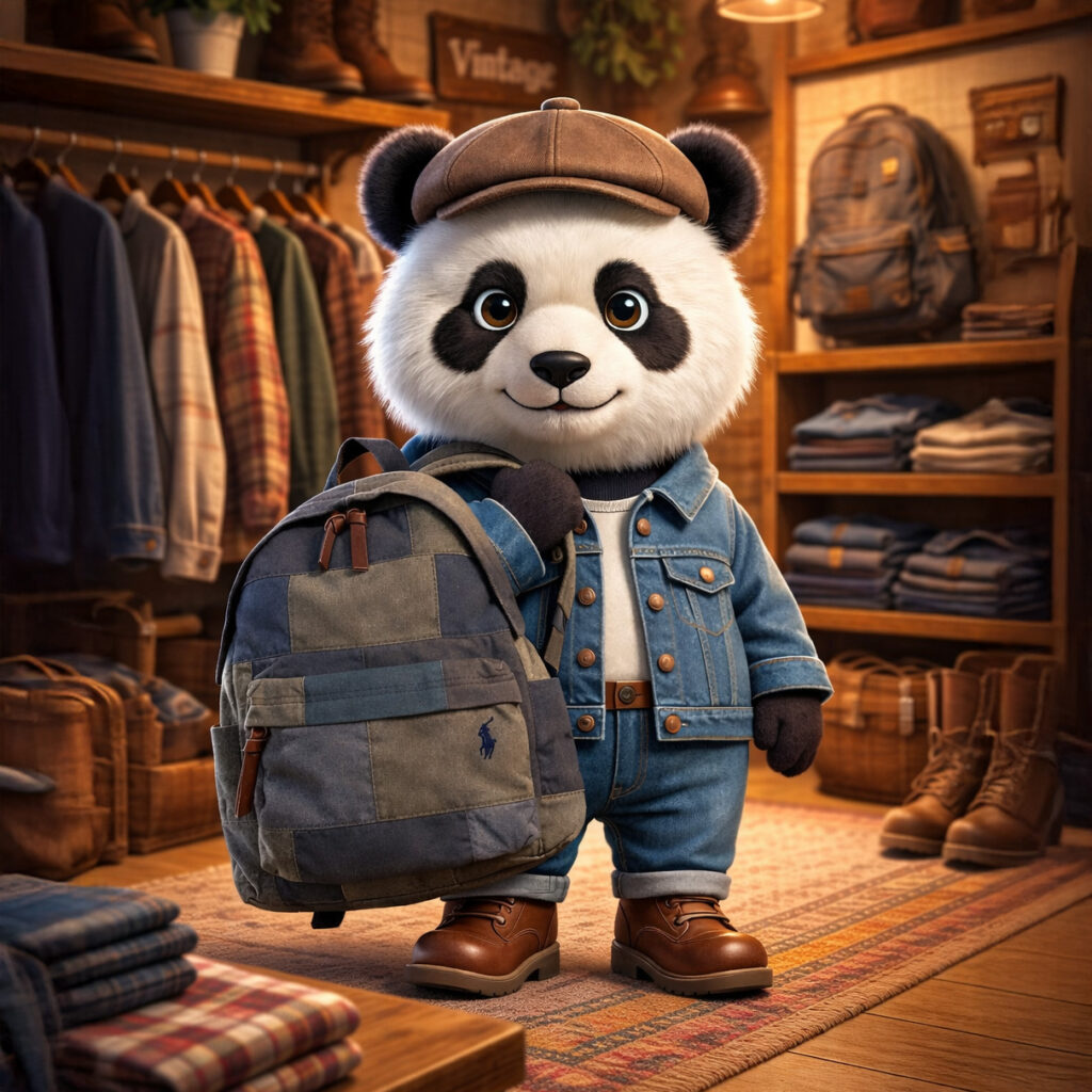 ラルフローレンのパッチワーク・キャンバスバックパック。異なるオリーブカラーの生地やヘリンボーン素材を組み合わせたヴィンテージな質感。