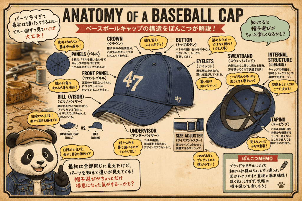 アメカジ初心者向けにベースボールキャップの構造をぽんこつパンダが吹き出しで解説したイラスト（クラウン・ブリム・スウェットバンドなど各パーツを図解）