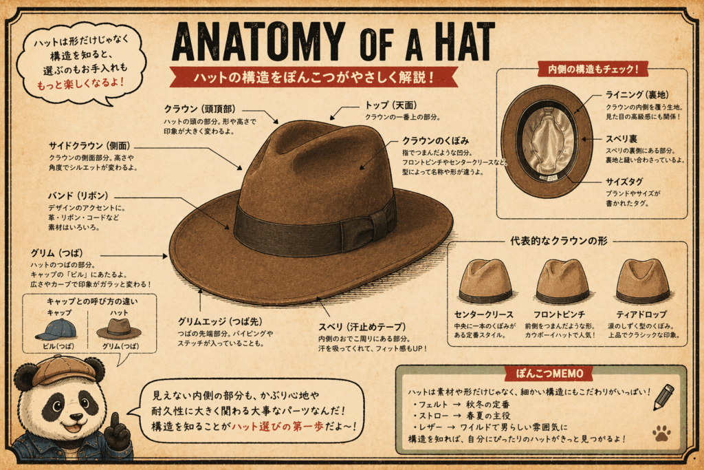 アメカジ初心者向けにハットの構造をぽんこつパンダが解説したイラスト