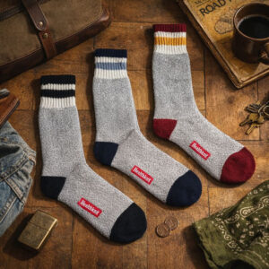 木目の床に並べられたHealthknitの厚手ソックス3足。グレーを基調に、つま先とかかとにネイビーやバーガンディの配色が入ったアメカジらしい靴下。