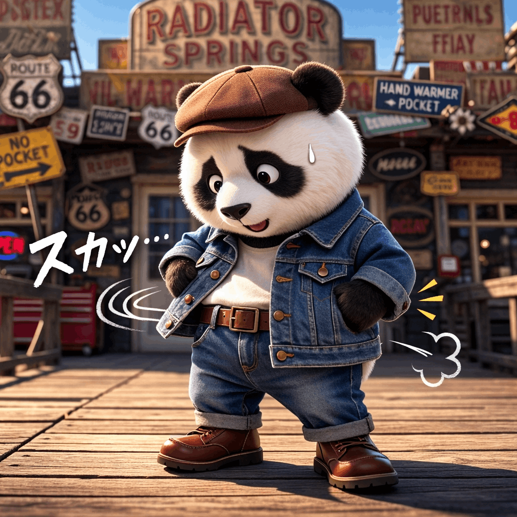 Ｇジャンのポッケに手を伸ばして空振っている様子のぽんこつ