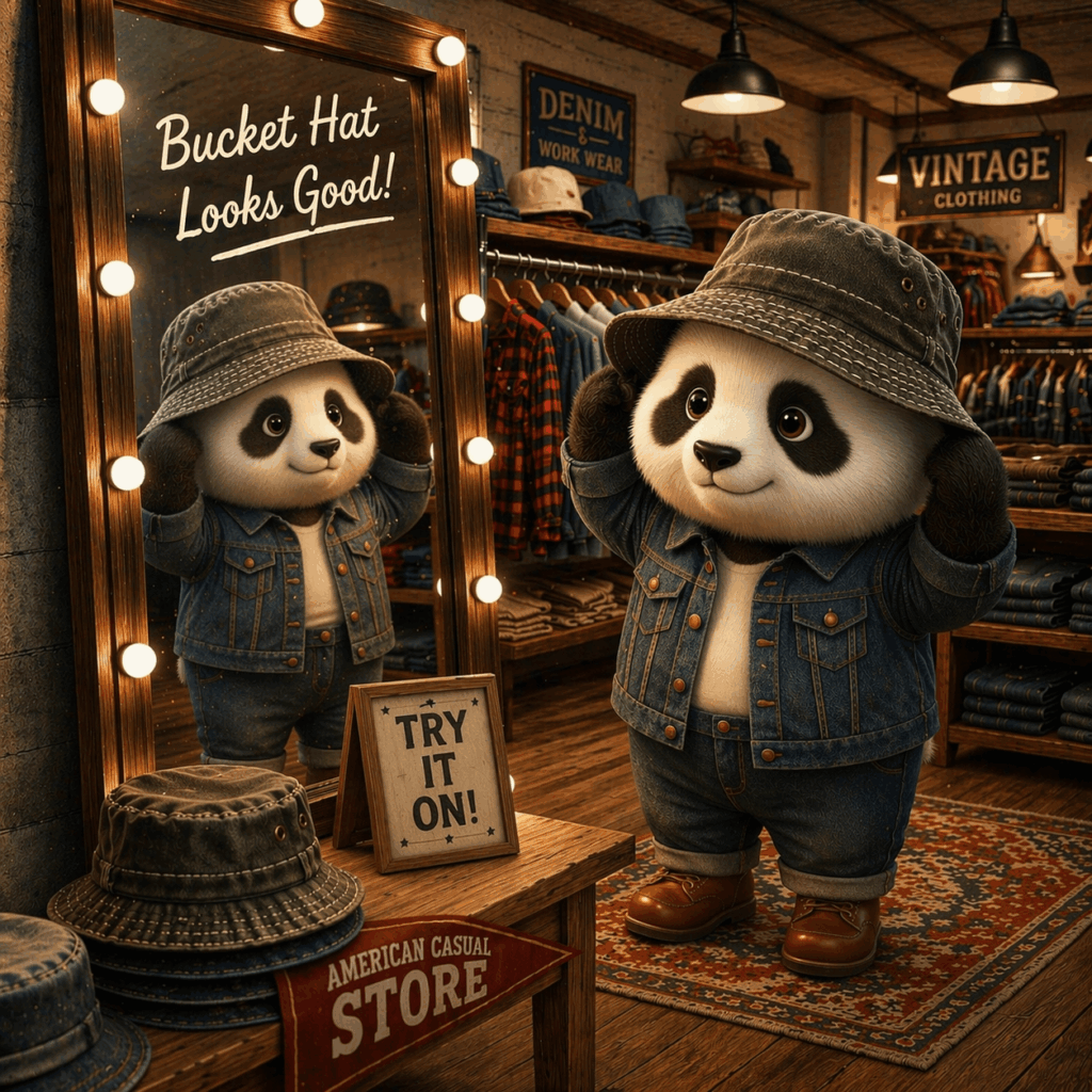 アメカジショップでバケットハットを試着しているパンダ