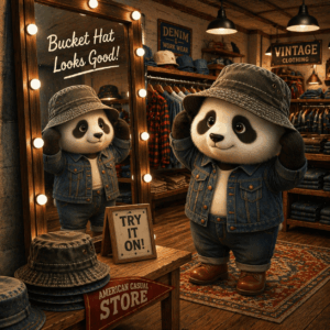 アメカジショップでバケットハットを試着しているパンダ