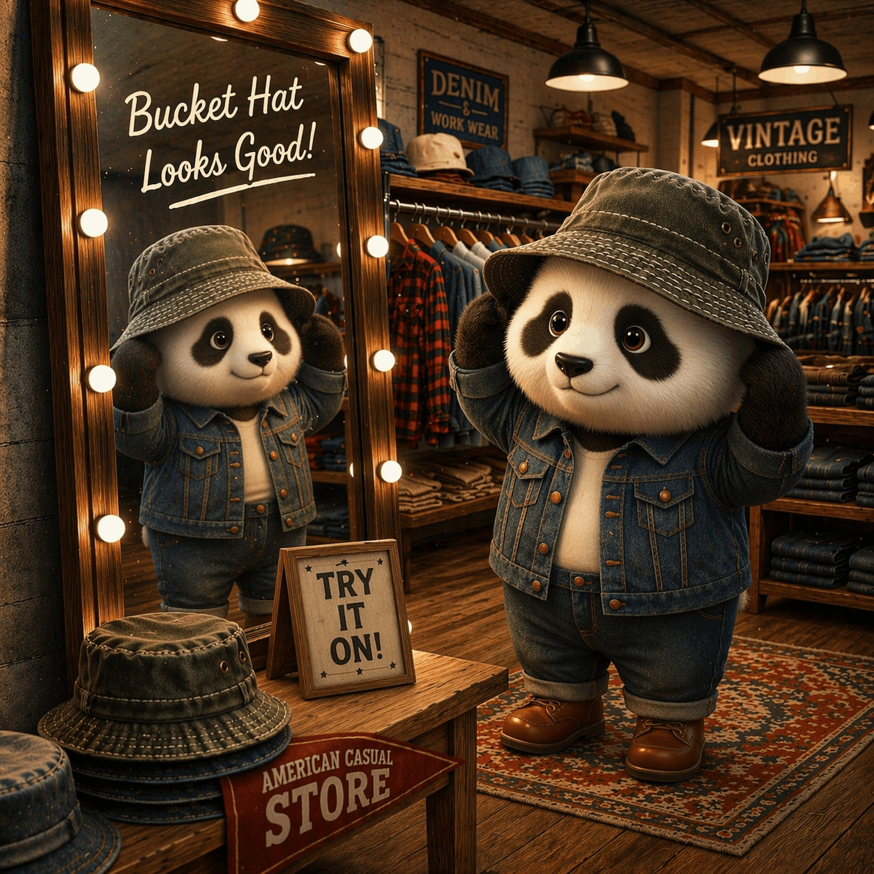 アメカジショップでバケットハットを試着しているパンダ