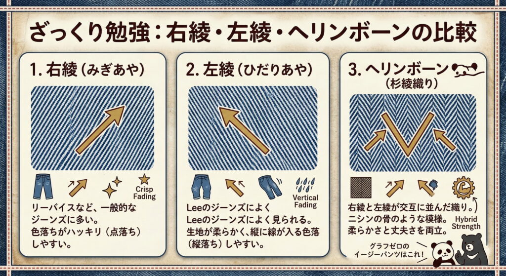 「ざっくり勉強:右綾・左綾・ヘリンボーンデニムの比較図解」graphzero(グラフゼロ)のパンツは杉綾織りと判明