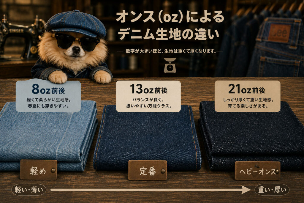 オンス(oz)によるデニム生地の違い