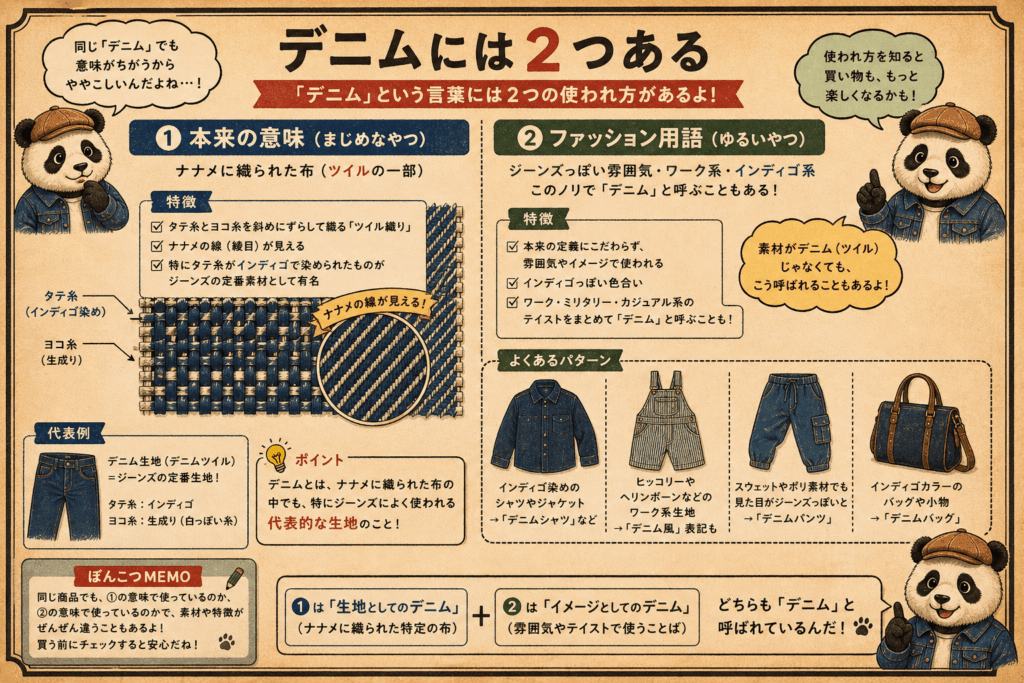「デニム」という言葉には２つの使われ方があるよ