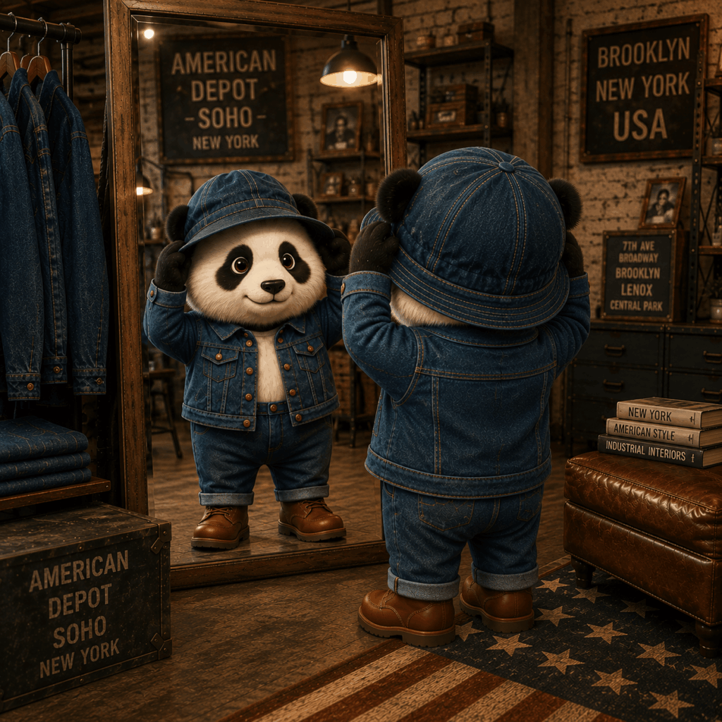 アメリカンデポSOHOの鏡の前でバズリクソンズのデニムハットを試着するぽんこつパンダ