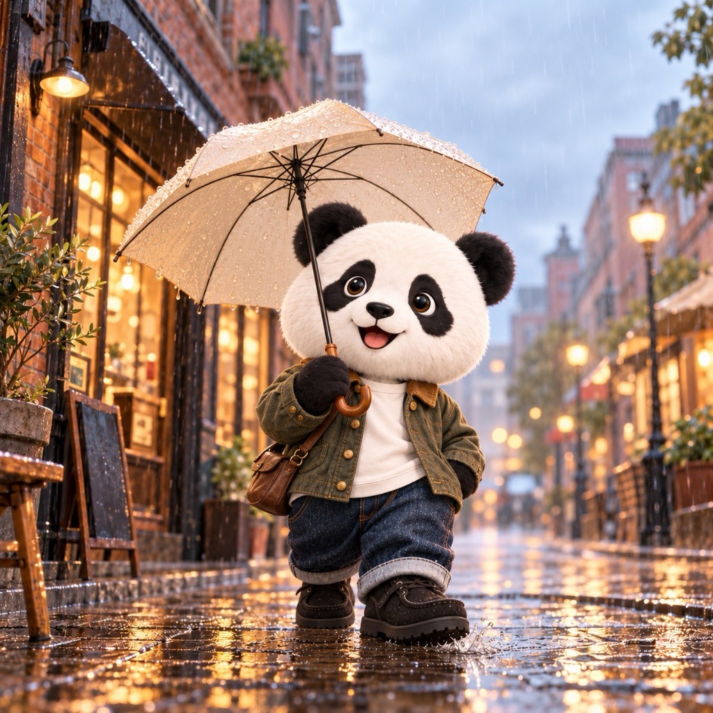 雨の街をご機嫌に歩くぽんこつ（グラフゼロのイージーパンツ×クラークス ワラビーGTX）